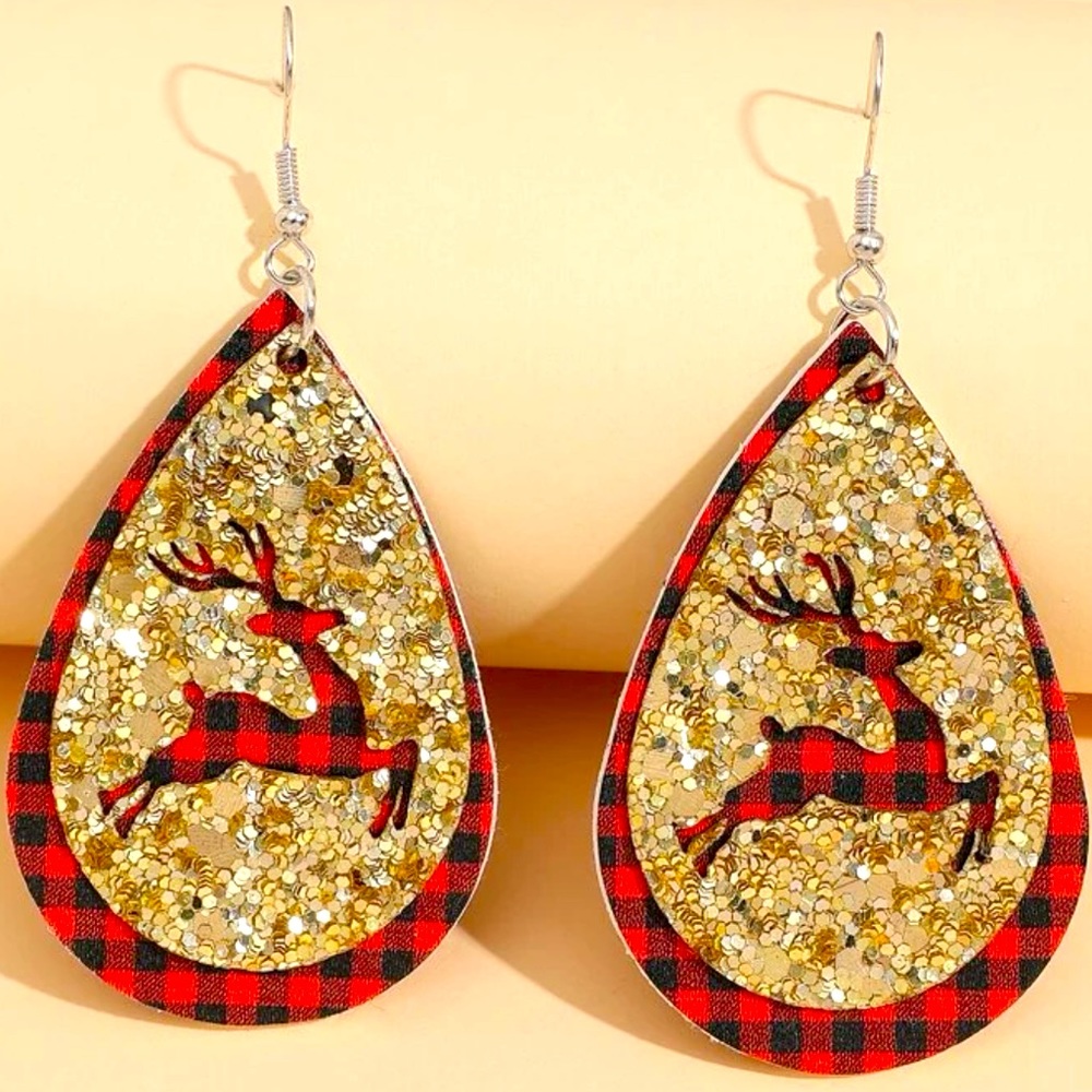 Plaid Sparkle Reindeer Earrings